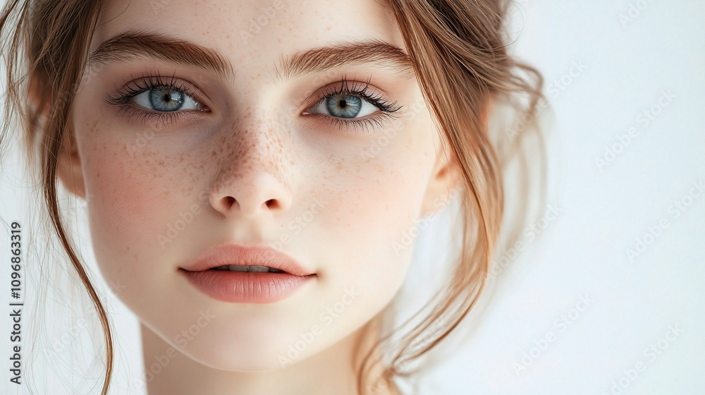 Confident Young Woman with Freckles and Bright Eyes in Portrait Confident Young Woman with Freckles and Bright Eyes in Portrait