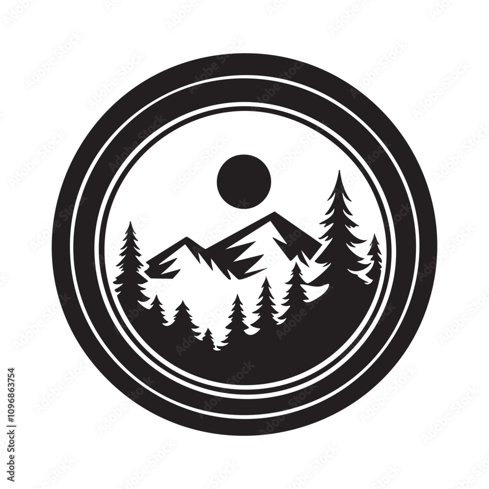 Obraz premium Mountain, lake and forest landscape in circle frame.