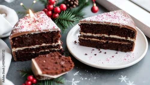 Indulge in Festive Delight: Slice of Rich Chocolate Cake with Creamy Filling, Perfect for Holiday Celebrations photo