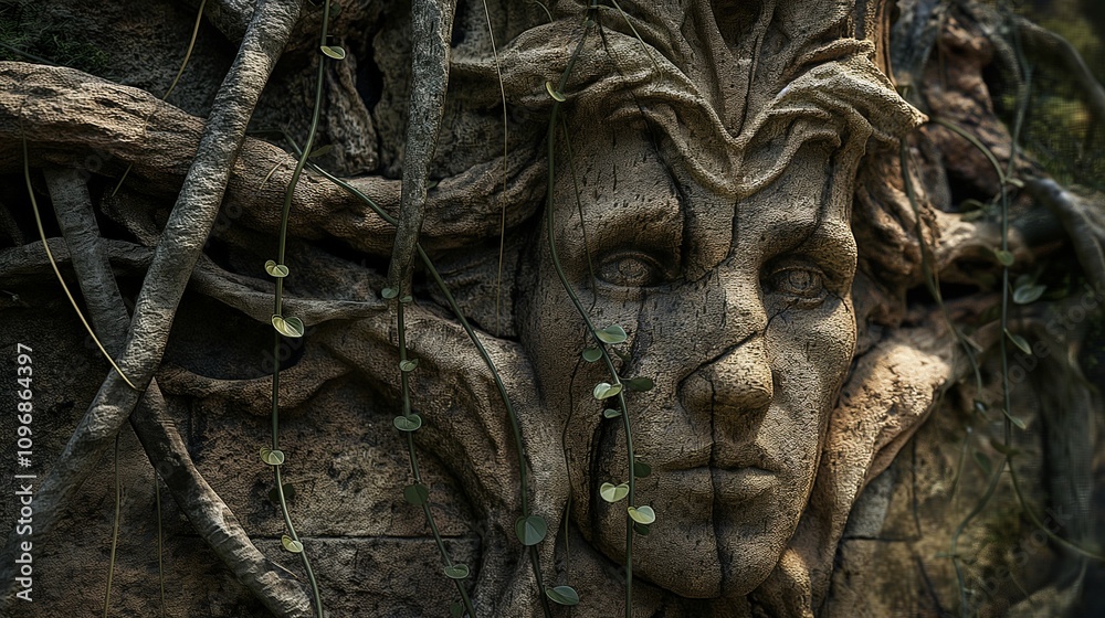 A weathered stone statue of a mythical creature, with detailed features and an aura of mystery, partially overgrown with vines. 32k, full ultra hd, high resolution A weathered stone statue of a mythical creature, with detailed features and an aura of mystery, partially overgrown with vines. 32k, full ultra hd, high resolution