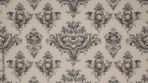 Hand-drawn floral damask seamless pattern with Spanish tile and baroque floral ornaments in a vintage Mediterranean design. AI generative. 