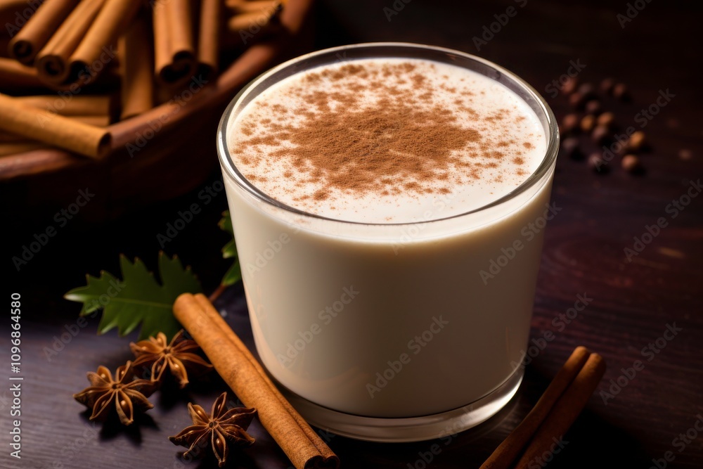 Creamy Beverage with Cinnamon Dust Garnish Surrounded by Spices on Dark Wood Table for Cozy Seasonal Atmosphere and Culinary Inspiration Creamy Beverage with Cinnamon Dust Garnish Surrounded by Spices on Dark Wood Table for Cozy Seasonal Atmosphere and Culinary Inspiration