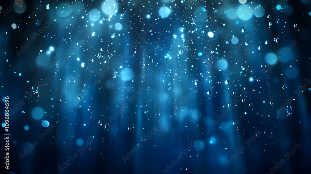 Fototapeta premium Frozen moment of water droplets mid-air, shimmering and clear, with a tranquil blue atmosphere, copy space. Shimmering Water Droplets. Illustration