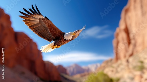 A powerful bald eagle gracefully gliding through the canyon, surrounded by towering rock formations, highlighting the majestic and free spirit of the great outdoors. photo