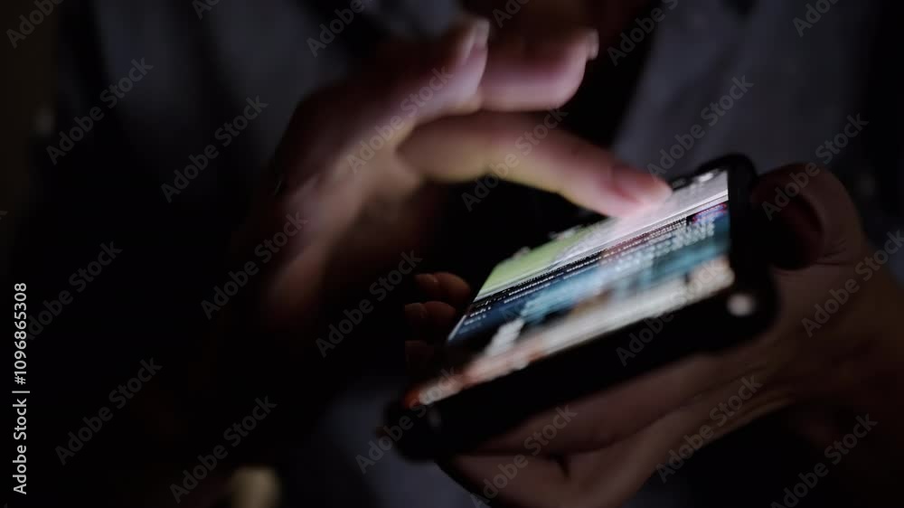 A close-up view of hands scrolling through content on a smartphone screen in a dark environment. The fingers gracefully navigate the interface, illuminated by the soft glow of the display. Suitable