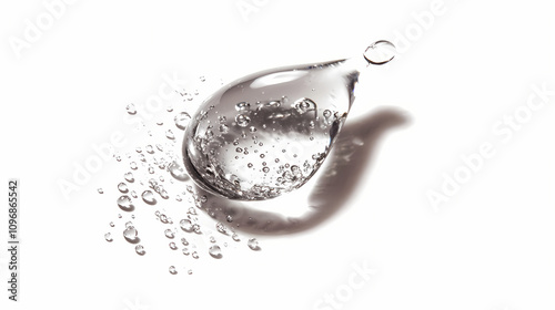 A single, teardrop-shaped water droplet with tiny bubbles, isolated on a white background. Shimmering Water Droplets. Illustration photo