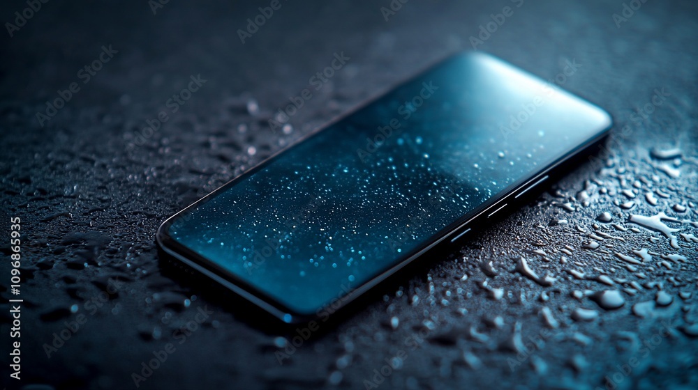 Wet smartphone screen with water droplets on dark surface. Wet smartphone screen with water droplets on dark surface.