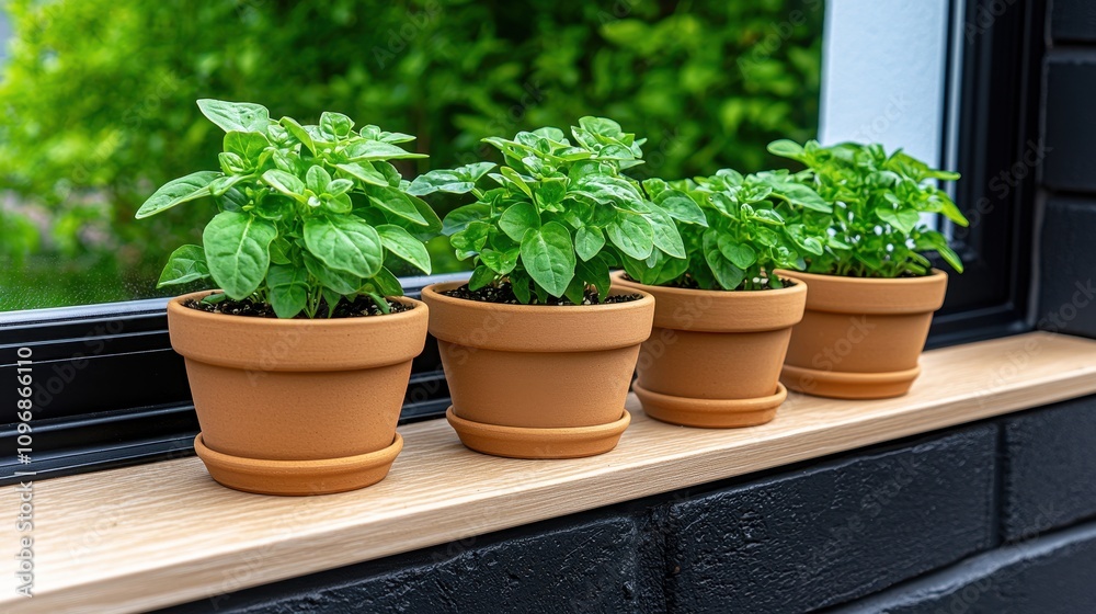 Fresh Green Basil Plants in Terracotta Pots on a Windowsill with Natural Light and Lush Greenery in the Background Fresh Green Basil Plants in Terracotta Pots on a Windowsill with Natural Light and Lush Greenery in the Background