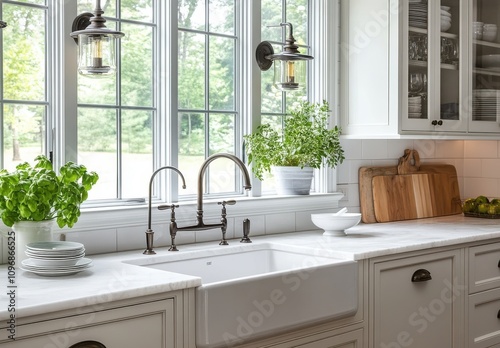 Elegant Kitchen with Farmhouse Sink and Natural Light Filtering Through Large Windows Highlighting Fresh Herbs and Stylish Decor