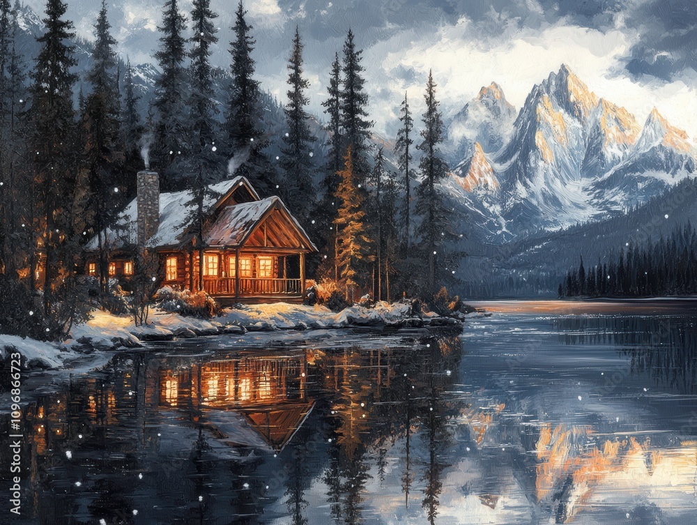 Obraz premium A cozy cabin by a snowy lake, surrounded by mountains and pine trees.