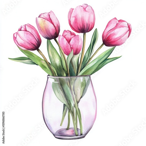 Vibrant watercolor tulips in a glass vase on white background.