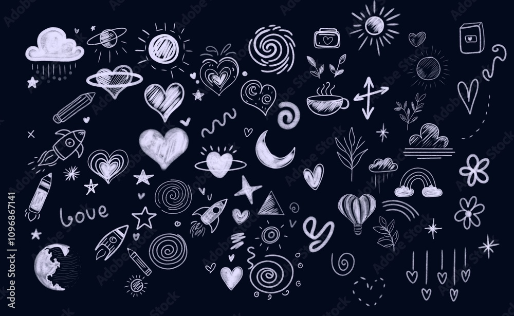 collection of hand drawn doodles on a dark background, featuring hearts, stars, rockets, clouds, plants, rainbows, spirals, and other whimsical elements. For creative designs, digital art. collection of hand drawn doodles on a dark background, featuring hearts, stars, rockets, clouds, plants, rainbows, spirals, and other whimsical elements. For creative designs, digital art.