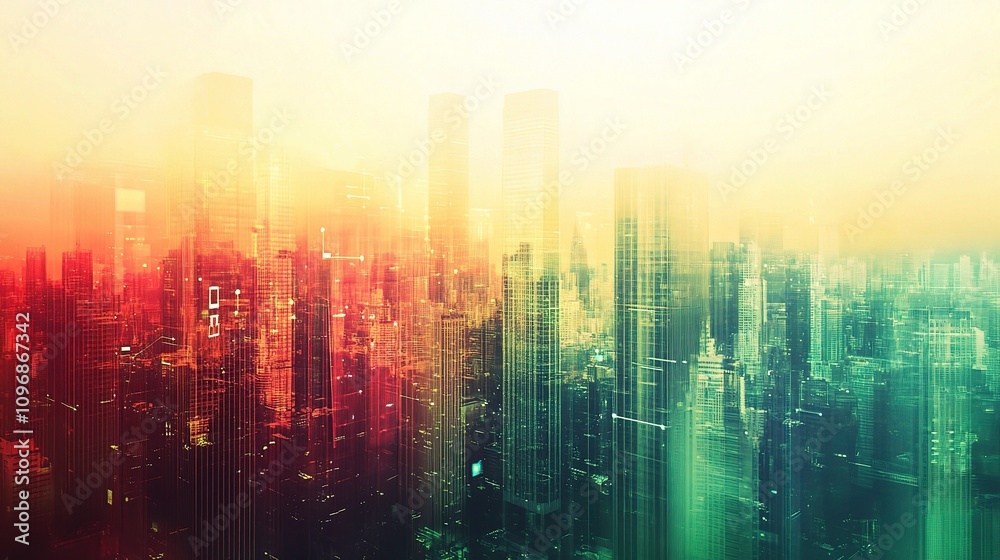 Double Exposure Art of Vibrant Modern Metropolis in Bright Tones Double Exposure Art of Vibrant Modern Metropolis in Bright Tones