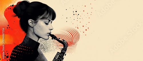 Geometric abstraction, Vorticist avant-garde, a beautiful woman playing saxophone, pulsating cosmic ion storm, jagged bold lines, harsh colours, negative space photo