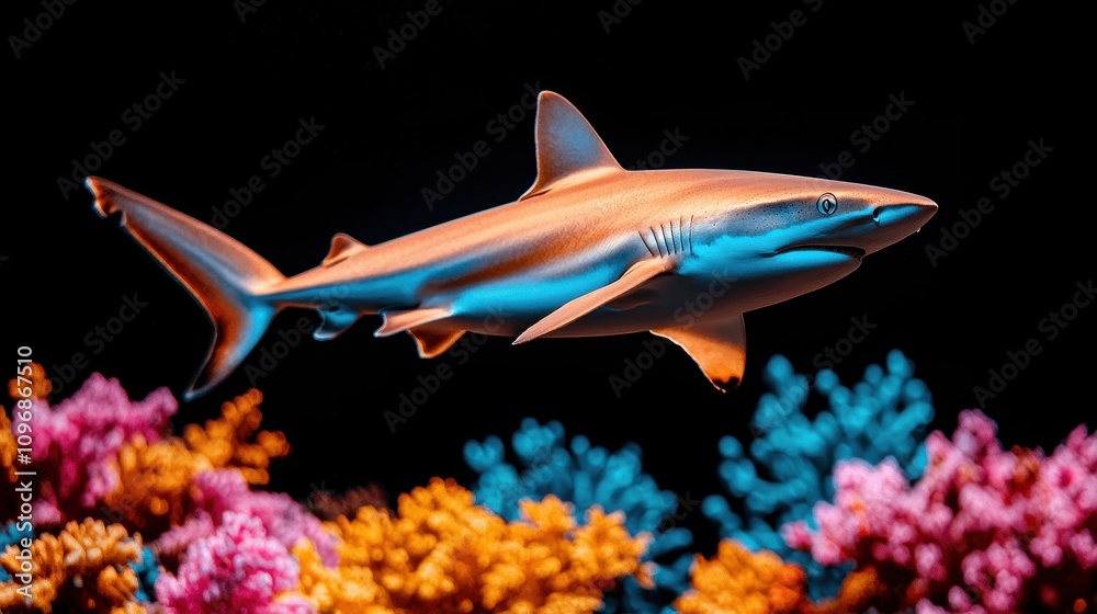 Fototapeta premium Vibrant Shark Swimming Through Colorful Coral Reef with Bright Tropical Colors Underwater for Marine Life Conservation and Educational Purposes