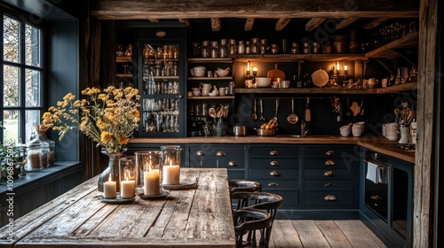 Rustic Dark Kitchen Interior Design: A Cozy Autumnal Atmosphere photo