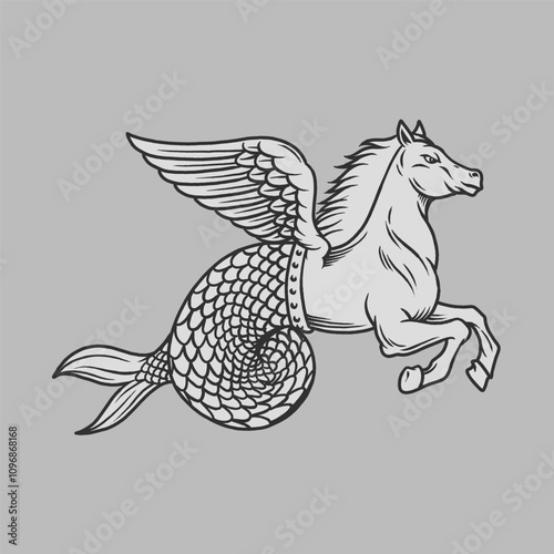 Hippocampus Mythology Engraving Illustration logo vector