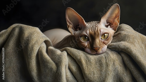 Sphynx Cat Resting on Blanket photo