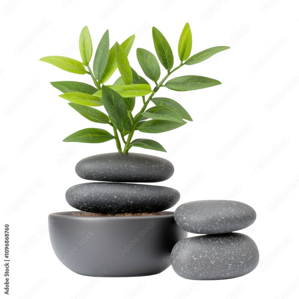 A serene arrangement of stacked stones topped with a green plant, symbolizing harmony and balance in decor. A serene arrangement of stacked stones topped with a green plant, symbolizing harmony and balance in decor.