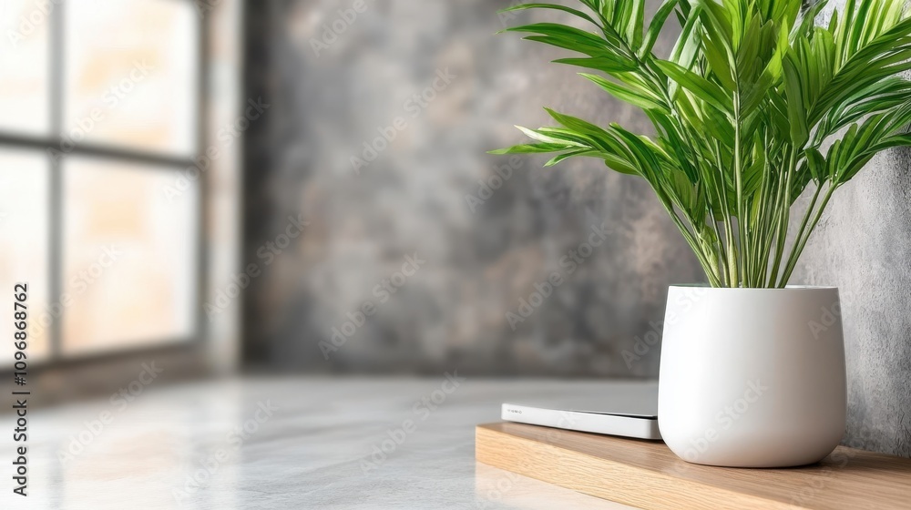 A stylish modern interior with a white pot holding a vibrant green indoor plant, presenting a clean and fresh look, perfect for nature-inspired decor lovers. A stylish modern interior with a white pot holding a vibrant green indoor plant, presenting a clean and fresh look, perfect for nature-inspired decor lovers.