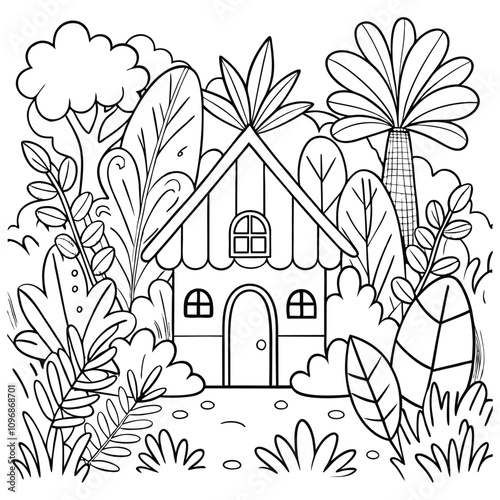 drawing of a house in jungle a coloring page for kids and adults