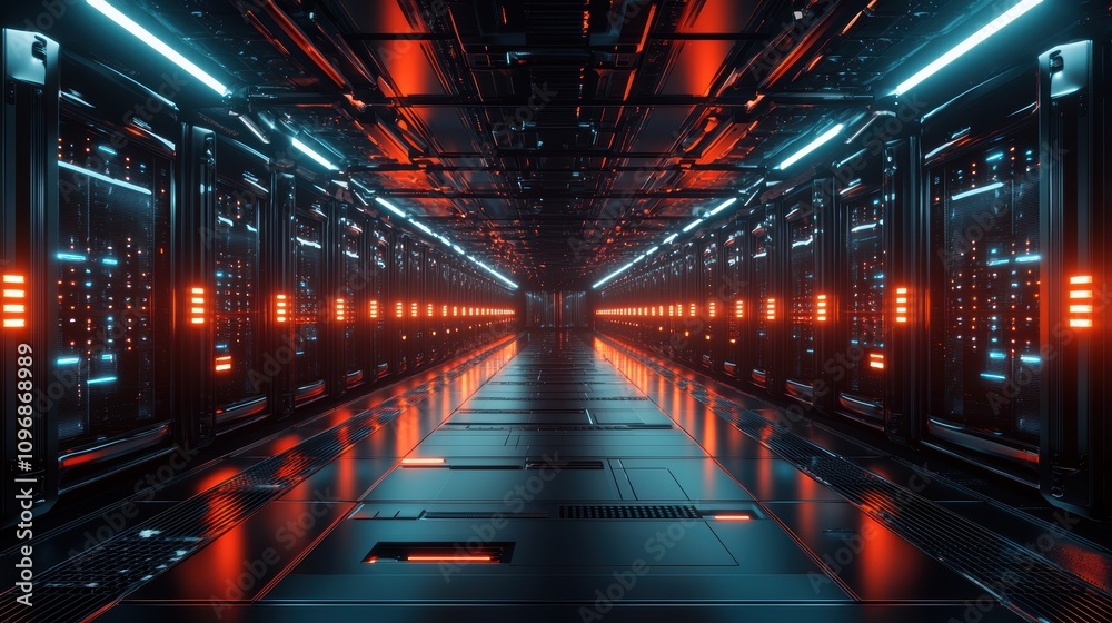 Futuristic Data Center Interior with Flashing Lights and Sleek Black Servers Futuristic Data Center Interior with Flashing Lights and Sleek Black Servers
