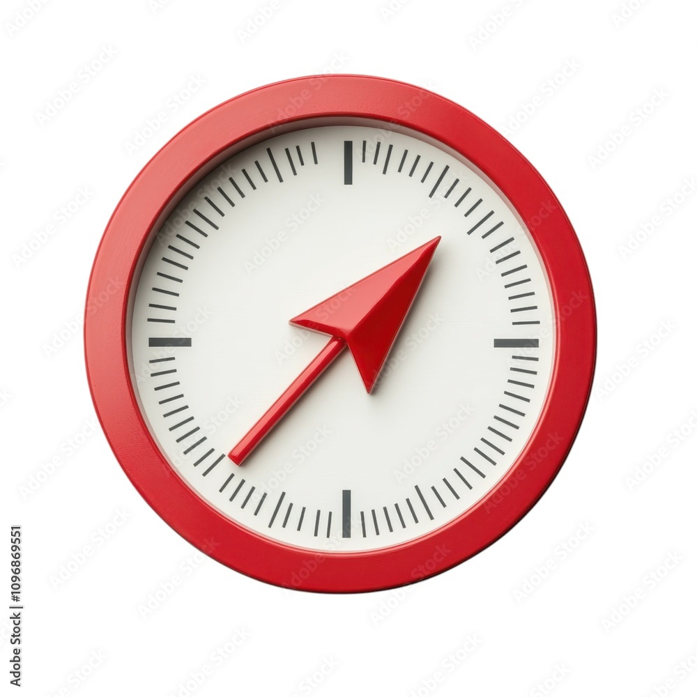 A red circular clock features a simple design with a white face and a bold red arrow pointing upwards. A red circular clock features a simple design with a white face and a bold red arrow pointing upwards.
