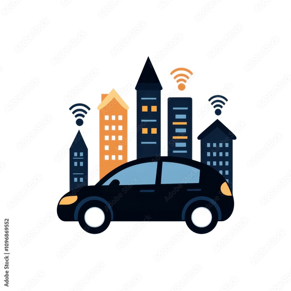 Obraz premium A sleek black car is parked in front of colorful city buildings, symbolizing urban life and connectivity.