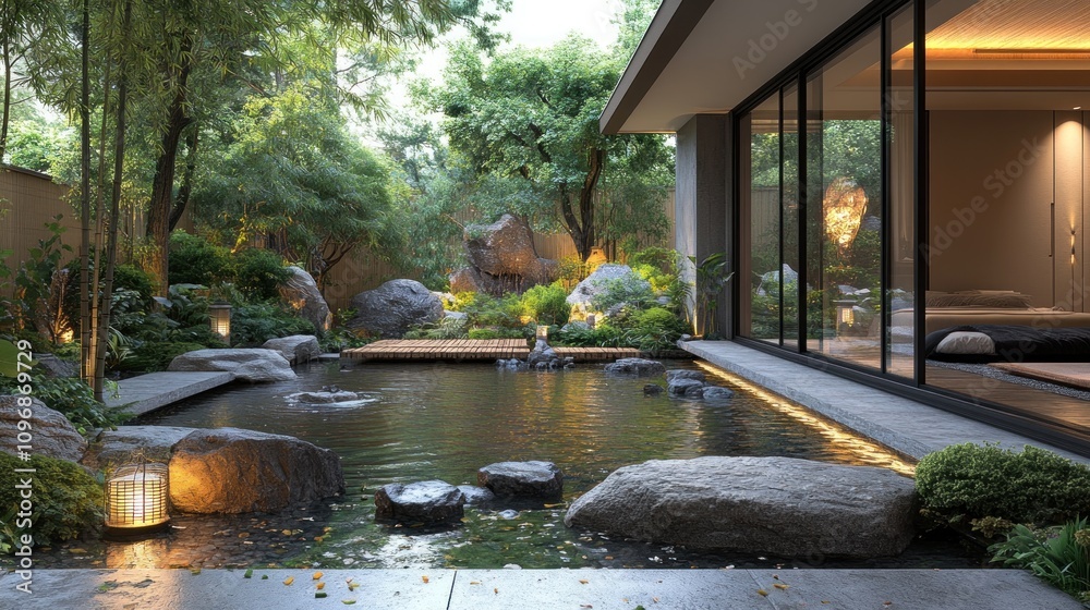 Serene Japanese Garden Design: Tranquil Pond and Modern Architecture Serene Japanese Garden Design: Tranquil Pond and Modern Architecture