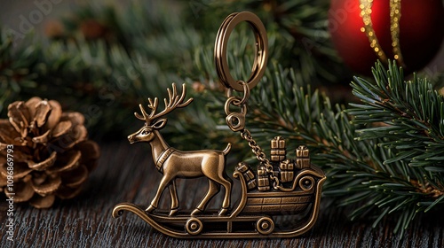 Keychain + reindeer and sleigh motif, a whimsical keychain showcasing a miniature reindeer pulling a sleigh filled with tiny gifts, crafted in antique bronze with intricate holiday details
