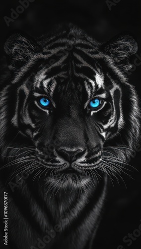 Close-up of a black tiger with bright blue eyes, staring intensely.