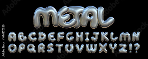 Metallic liquid alphabet. 3D inflated letters with reflective texture. Y2K aesthetic.