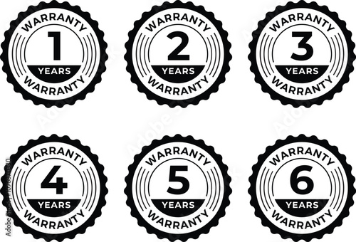Warranty logo in zig zag circle with 1 years, 2 years, 3 years and 5,6 years warranty stamp or sticker with stars in black color.