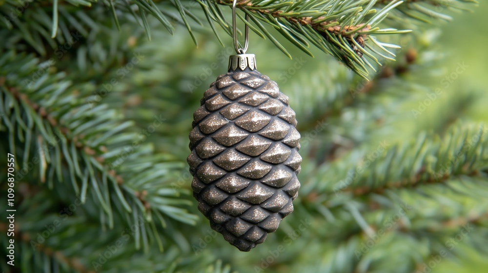 Close-Up of Pine Cone Ornament with Silver-Brown Glitter Hanging on Christmas Tree