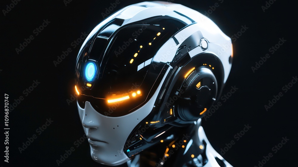 Close-up of a futuristic robot head with glowing lights and a blue eye. Close-up of a futuristic robot head with glowing lights and a blue eye.