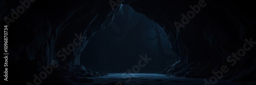Dark dimly lit mysterious cave with a narrow entrance and a vast underground space, exploration, adventure