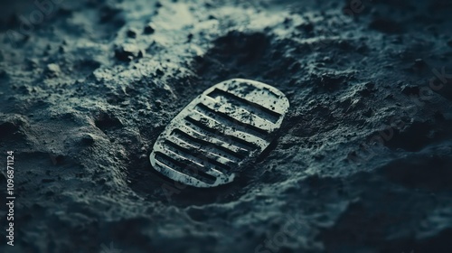 Close-up of an astronaut boot print on a rugged lunar surface, dark shadows and textured ground, moon landing, historic space exploration photo