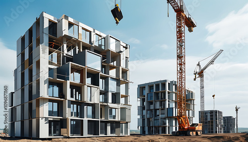Modern prefab construction in progress with cranes and modular units