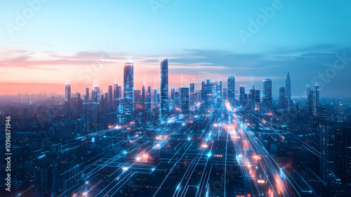 Wallpaper Mural Futuristic city at dusk, with glowing skyscrapers and cutting-edge transportation systems crisscrossing the horizon. Twilight Horizon Glow. Illustration Torontodigital.ca