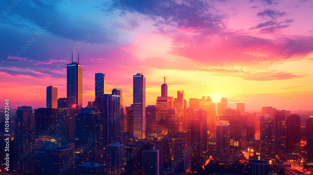 Fototapeta premium A vibrant city skyline at sunset with glowing buildings. Twilight Horizon Glow. Illustration