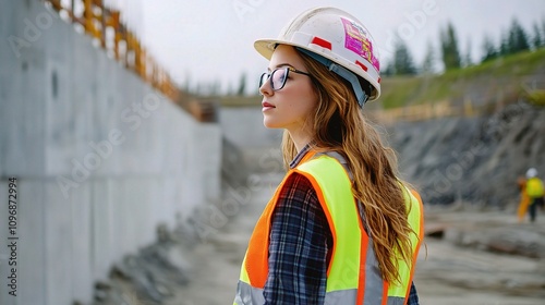 Young Female Engineer in Construction Site Portrait with Safety Gear photo