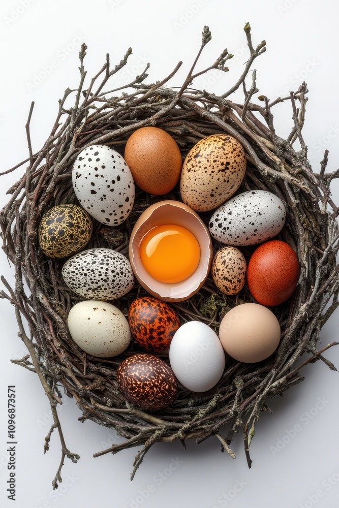Natural Bird Eggs in a Rustic Nest Showcasing Various Colors and Patterns with a Single Cracked Egg Centered on a Light Background Ideal for Spring or Nature Themes Natural Bird Eggs in a Rustic Nest Showcasing Various Colors and Patterns with a Single Cracked Egg Centered on a Light Background Ideal for Spring or Nature Themes