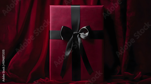 A tall gift box wrapped in metallic red paper adorned with a sleek black satin bow.