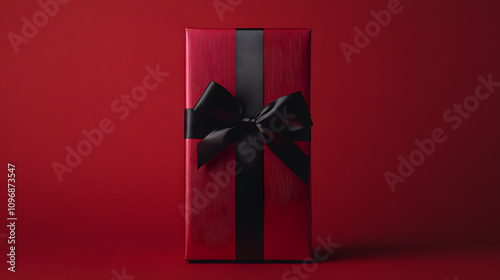 A tall gift box wrapped in metallic red paper adorned with a sleek black satin bow.