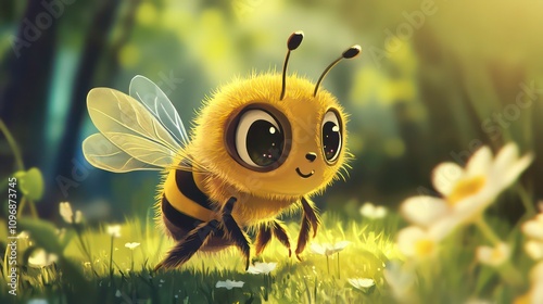 A cute cartoon bee with large eyes, standing in a field of flowers.