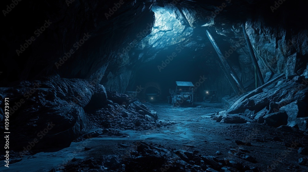 Underground copper mine tunnel, glowing copper veins in dark rock, mining equipment silhouettes, shaft supports Underground copper mine tunnel, glowing copper veins in dark rock, mining equipment silhouettes, shaft supports