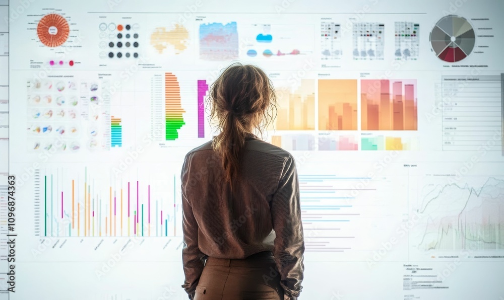 Woman reviews numerous data charts. Woman reviews numerous data charts.