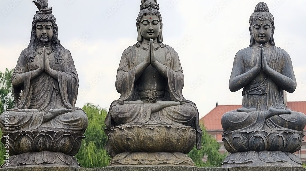 Three serene Buddha statues in a row, seated in meditation posture with hands clasped. Three serene Buddha statues in a row, seated in meditation posture with hands clasped.