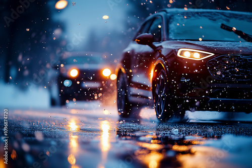 Fahrzeuge fahren auf einer nassen und verschneiten Fahrbahn, Fahren im Winter auf einer nassen und rutschigen Strasse photo