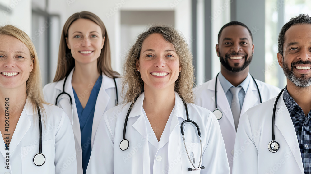 Group Portrait of Diverse Doctors Smiling Confidently Group Portrait of Diverse Doctors Smiling Confidently